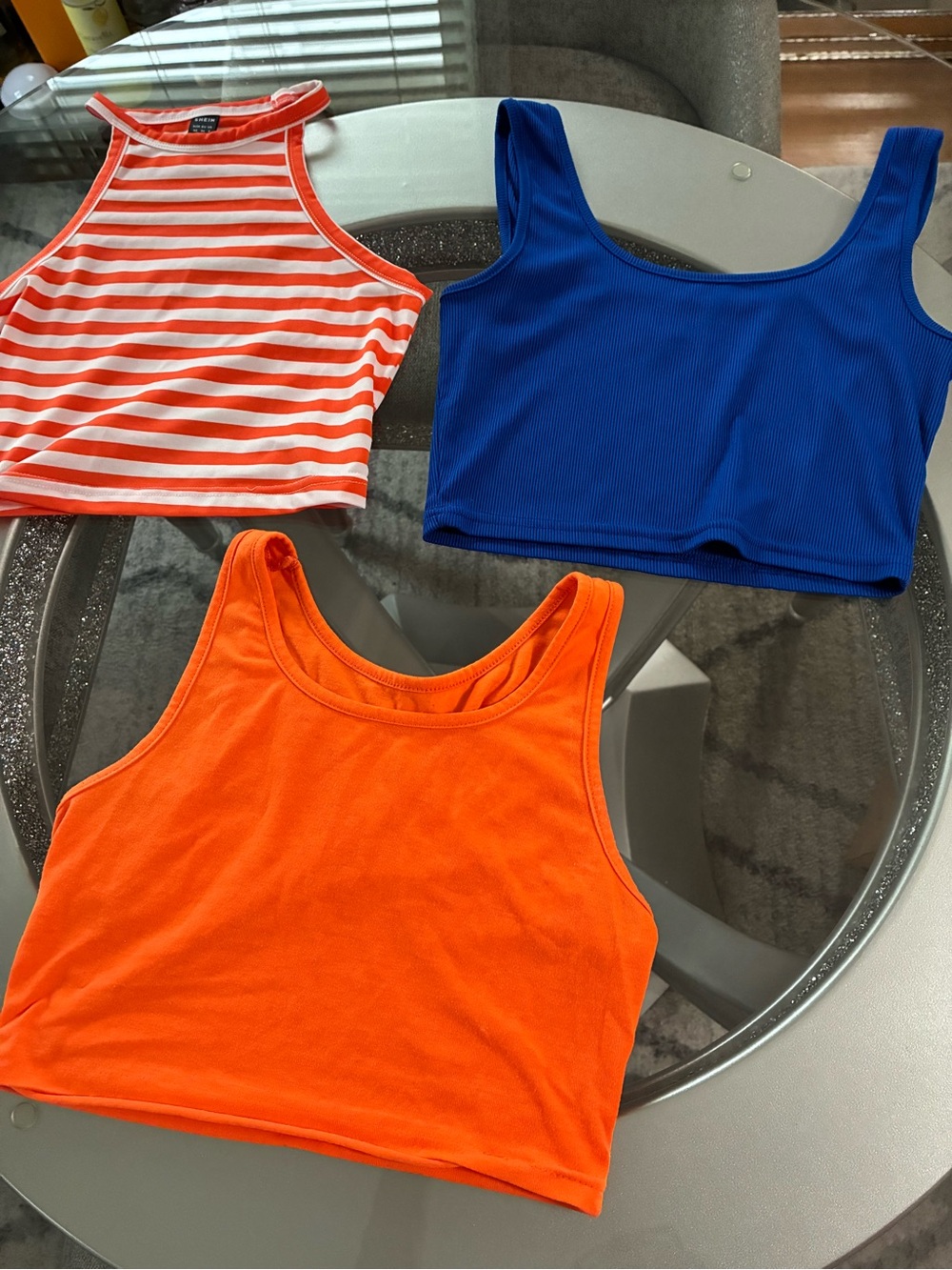 SHEIN Orange Neon Tank, Royal Blue Ribbed Crop, Orange-White Striped Halter Crop